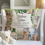 Safari themed nursery birth stats baby animals  throw pillow<br><div class="desc">Welcome your baby boy to a world of adventure with the Safari Jungle Animals Baby Boy Nursery Pillow, a charming addition to his first sanctuary. This pillow features a delightful array of watercolor tropical and jungle animals, bringing a playful yet serene vibe to the nursery decor. Personalize it with your...</div>