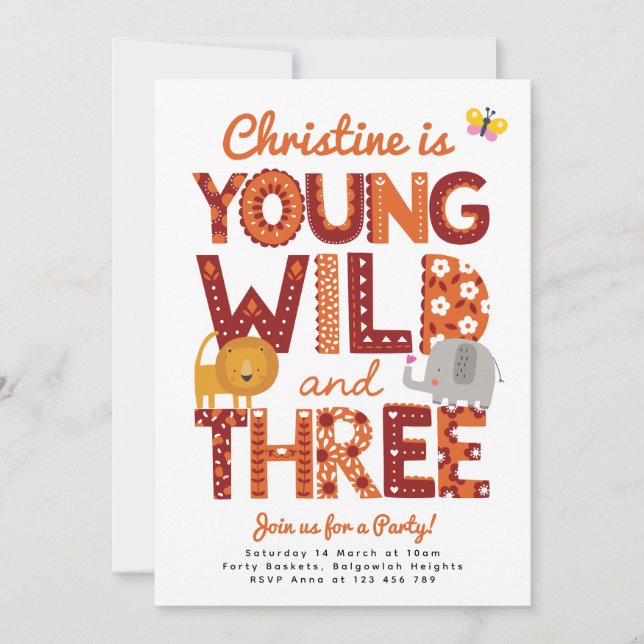 Safari Third Birthday Invitation, Wild Three Party Invitation (Front)