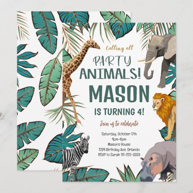 Safari tropical Animaux Invitation Anniversaire (Devant / Derrière)