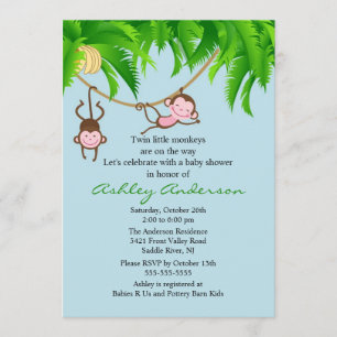 Safari Twin Monkeys Baby Shower Invitation