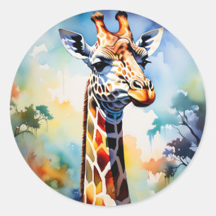 Safari  Vibrant Giraffe in Watercolor Classic Round Sticker