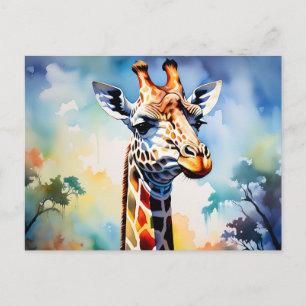 Safari  Vibrant Giraffe in Watercolor Postcard