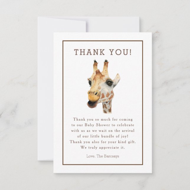 Safari Watercolor Giraffe Baby Shower Thank You Card (Front)