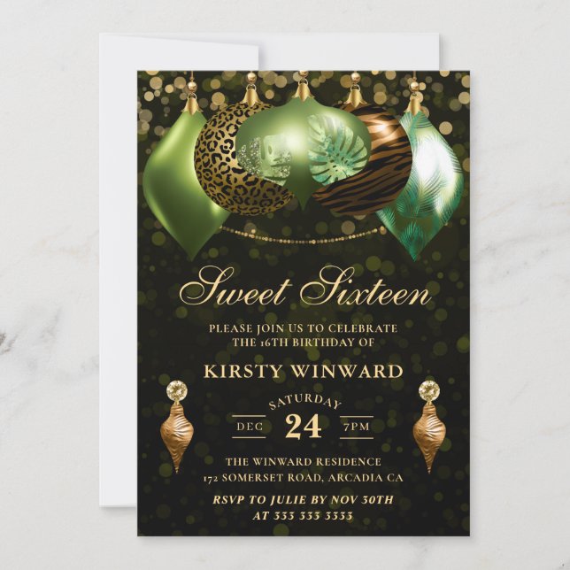 Safari Wild Animal Print Baubles Sweet Sixteen Invitation (Front)