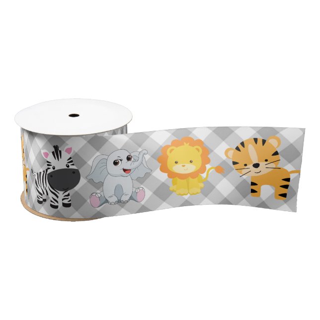 Safari Wild Animals On Gingham Satin Ribbon (Spool)