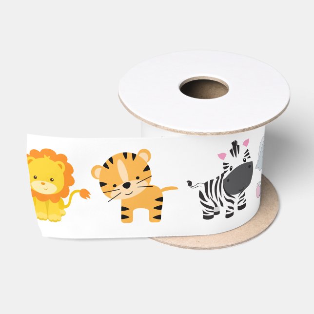 Safari Wild Animals On White Satin Ribbon (Spool)