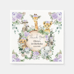 Safari Wild Animals Purple Floral Birthday Favours Napkin