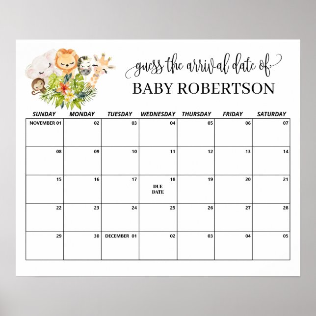 Safari Wild Baby Shower Guess Due Date Calendar Poster (Front)