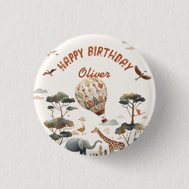Safari Wild Hot Air Balloon Jungle 1st Birthday  1 Inch Round Button (Front)