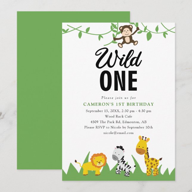 Safari Wild One 1st Birthday Cute Kawaii Invitation (Front/Back)