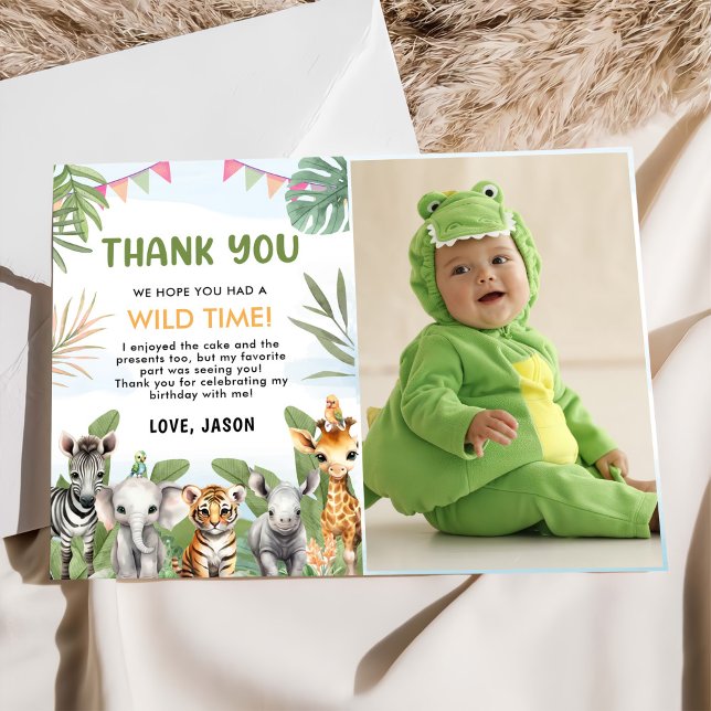Safari Wild One 1st Boy Birthday Photo Thank You Card (Creator Uploaded)