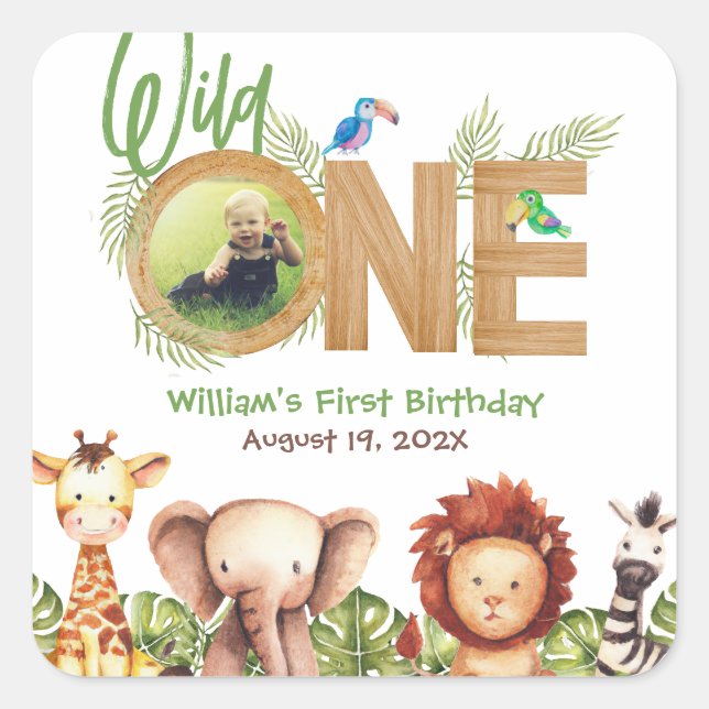 Safari Wild One Animals Wood First Birthday Photo  Square Sticker (Front)