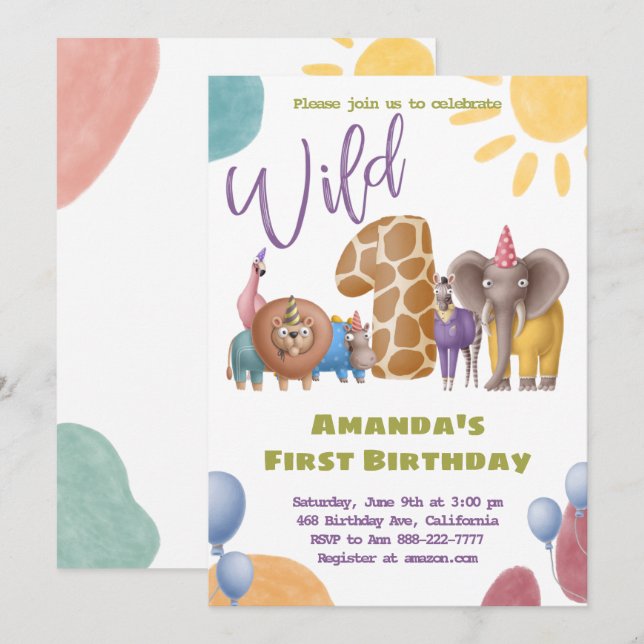 Safari Wild One Birthday Invitation  (Front/Back)