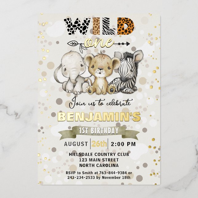 Safari Wild One Birthday Party Real Gold Foil  (Front)