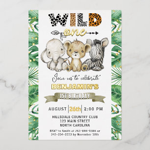 Safari Wild One Birthday Party Real Gold Foil Invi