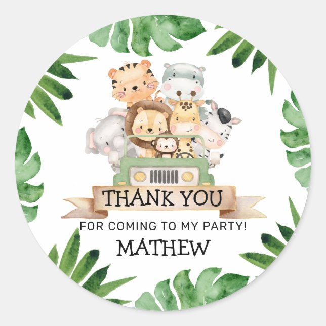 Safari Wild One Birthday Thank you Round Stickers (Front)