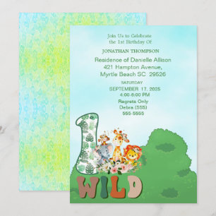Safari Wild One Blue Green Birthday Party   Invitation