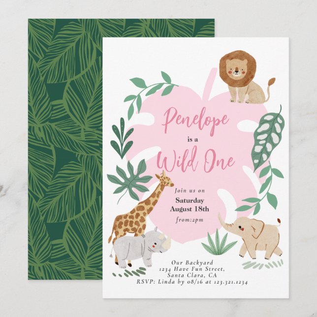 Safari Wild One Girl 1er anniversaire Invitation (Devant / Derrière)