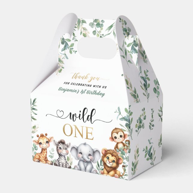 Safari Wild One Jungle Animals 1st Birthday Favor Box (Front Side)