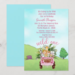 Safari Wild One Pink Girls Birthday Party Invitation