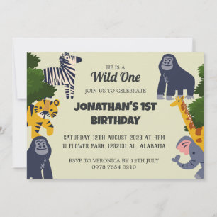 Safari Wild one Simple Cute First Birthday Baby In Invitation