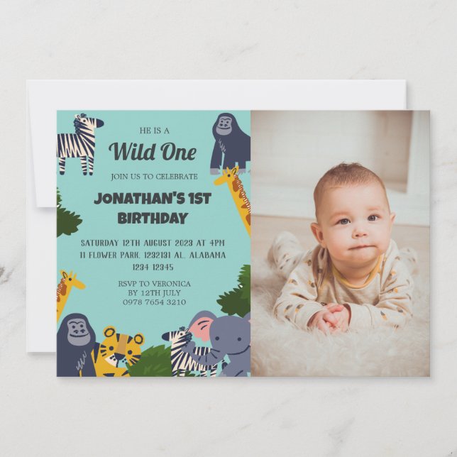 Safari Wild one Simple Cute First Birthday photo Invitation (Front)