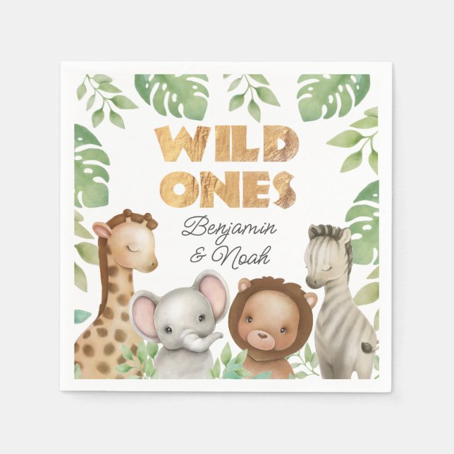 Safari Wild Ones Twins 1st Birthday Napkin (Front)