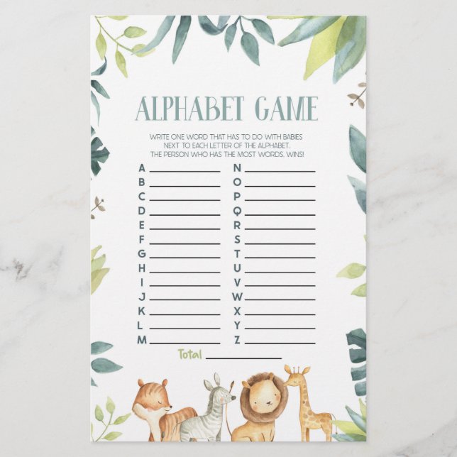 Safari Wild Zoo Animals Alphabet Baby Shower Game Stationery (Front)