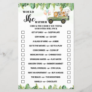 Safari Would She Rather Baby Shower Game Card