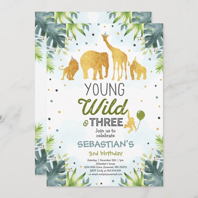 Safari Young Wild And Three Birthday Invitation (Front/Back)