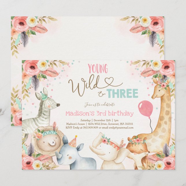 Safari Young Wild And Three Birthday Invitation (Front/Back)