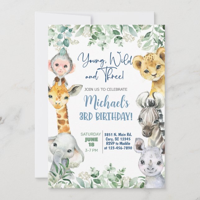 Safari Young, Wild & Three boy 3rd birthday invite (Front)