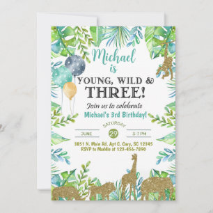 Safari Young Wild Three boy 3rd birthday invite. Invitation