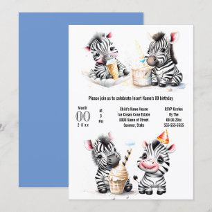 Safari zebra ice cream party kids summer party invitation