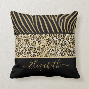 Safari Zebra Leopard Print Stripes Decor With Name Throw Pillow