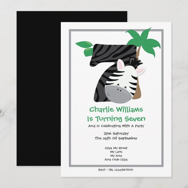 Safari Zebra Seventh Birthday Party Invitation (Front/Back)