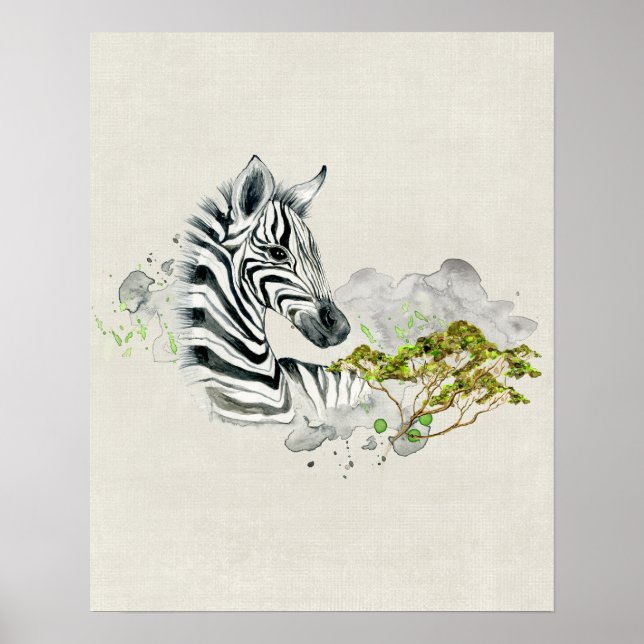 Safari Zebra With Green Savannah Tree Watercolor Poster (Front)