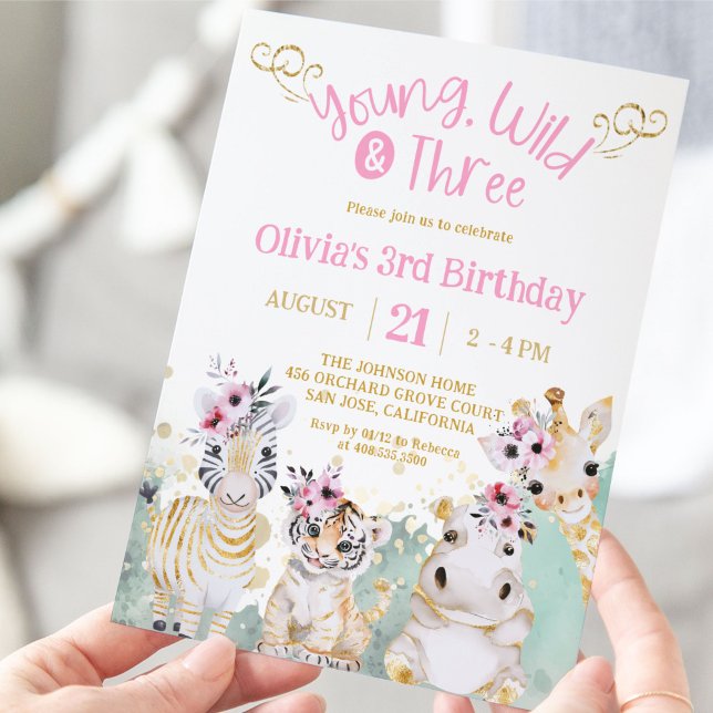 Safari Zoo Pink Gold Floral Girl 3rd Birthday Invitation (young wild and three birthday invitation)