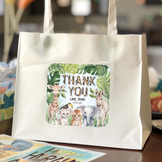 Safary Themed Jungle animals Thank You Favour Square Sticker (Safari Themed birthday goody bag thank you stickers)