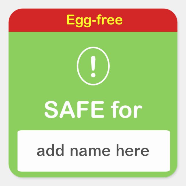 SAFE FOOD LABEL with Custom Name ~ EGG-FREE. (Front)
