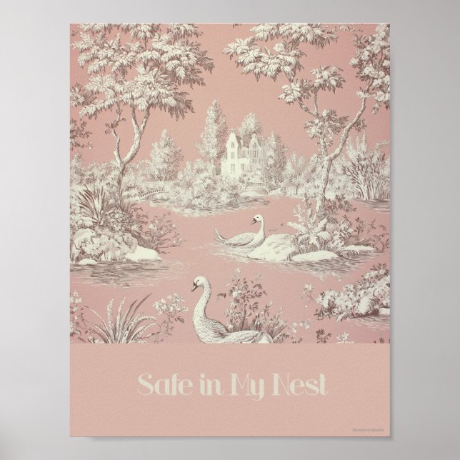 Safe In My Nest Pink Swans Nursery Poster  (Front)