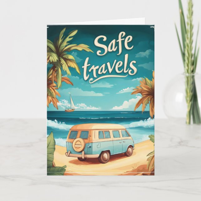 Safe Travels Seaside Car Retro Holiday Card (Front)