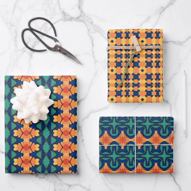 Saffron Bloom Navy Orange and Green Floral Wrapping Paper Sheet (Front)