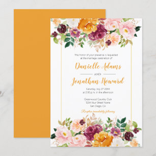 Saffron Burgundy Pink Watercolor Floral Wedding Invitation