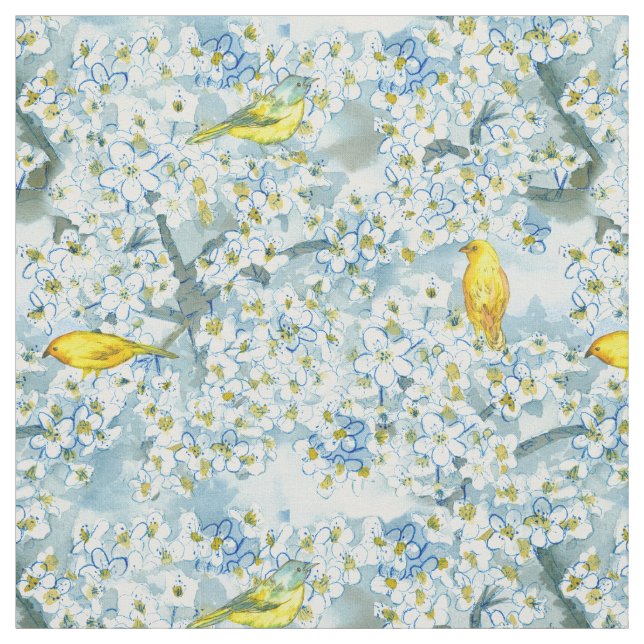 Saffron Finch Warbler Birds Blooming Fruit Tree Fabric (Swatch)