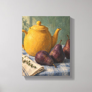 Saffron Teapot and Damson Pears   Rustic Still Lif Canvas Print