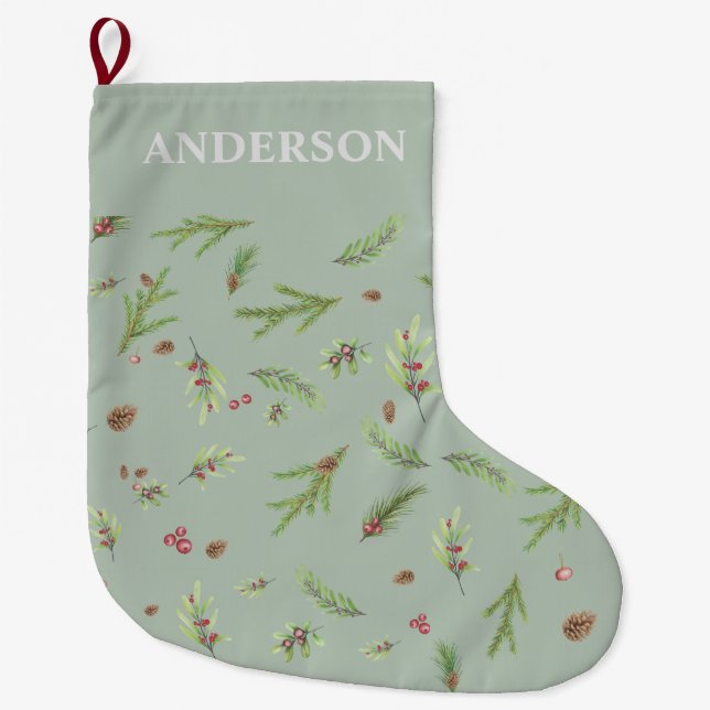 Saga Green botanical elegant modern family gift  Large Christmas Stocking (Front)