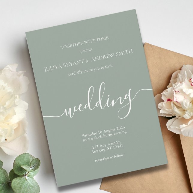 Saga green minimalist Script wedding Invitation (Creator Uploaded)