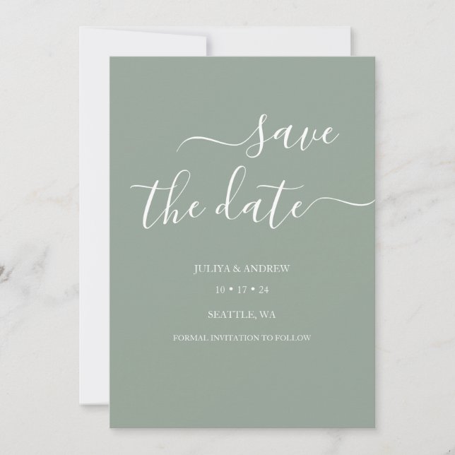Saga green script wedding save the date card (Front)