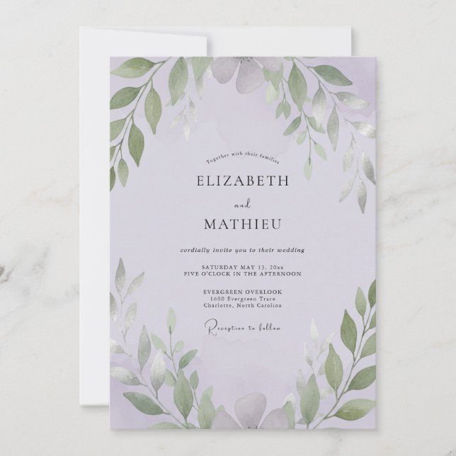 Sage Amethyst Leafy Wedding Invitation (Front)